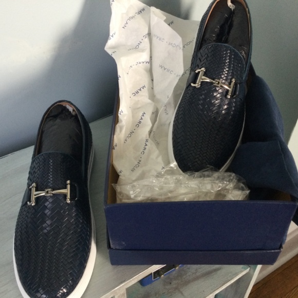 MARC NOLAN MEN’S BOARDWALK NAVY WOVEN LEATHER HORSE-BIT SNEAKERS
